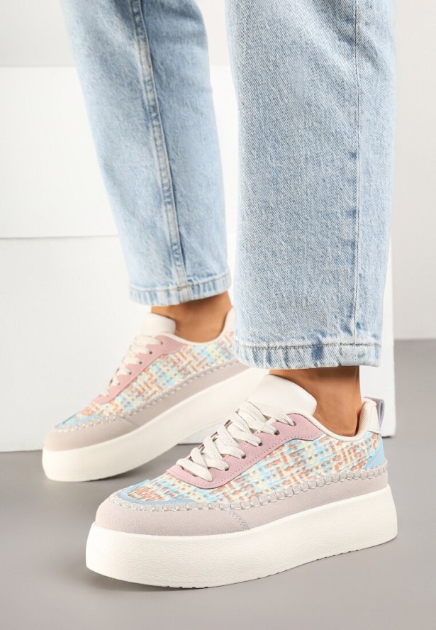 Beżowo-Różowe Sneakersy na Platformie Ozdobione Plecionką Nilaraviela