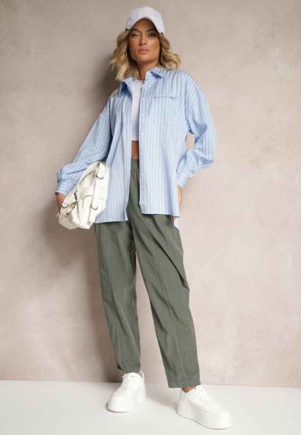 Ciemnozielone Bawełniane Spodnie High Waist w Klasycznym Stylu Arivora