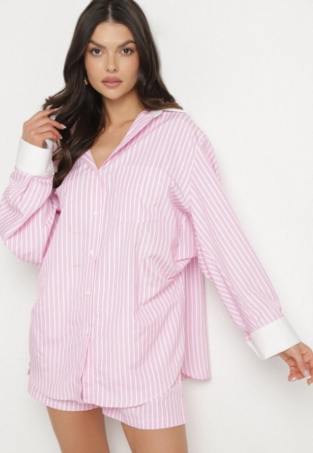 Różowa Koszula w Paski z Kontrastowymi Mankietami i Kołnierzykiem Zarona