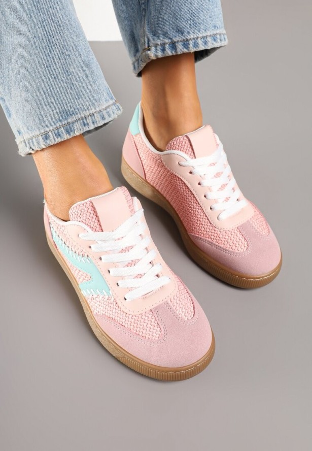 Różowe Sneakersy w Stylu Klasycznych Tenisówek Zdobione Przeszyciami i Tweedem Koriznne