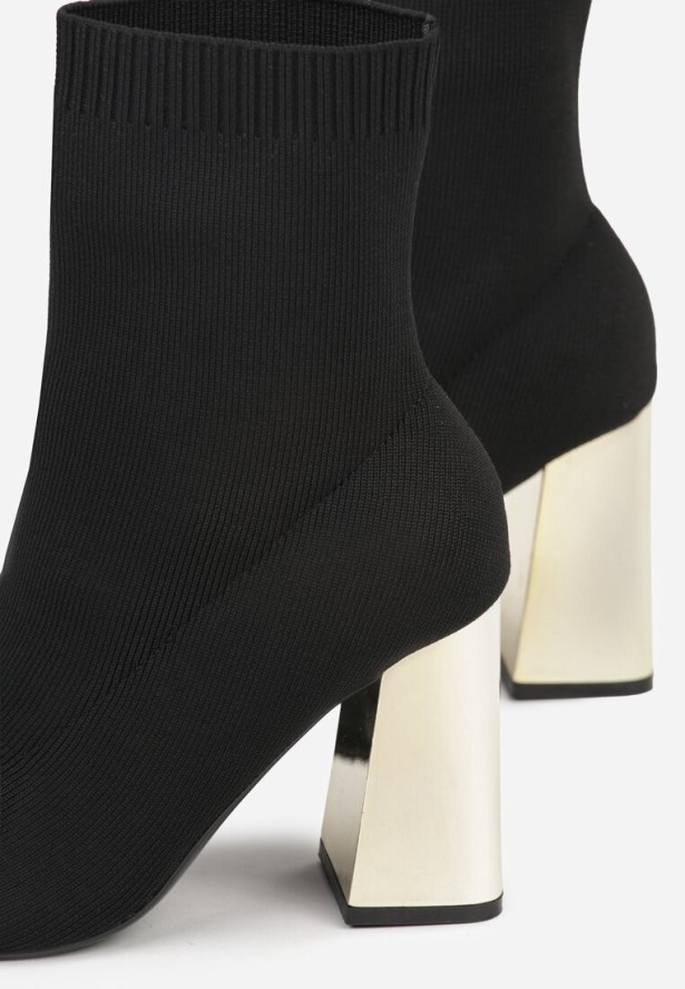 Czarno-Złote Eleganckie Botki VICES na Słupku ze Skarpetkową Cholewką Rasoria