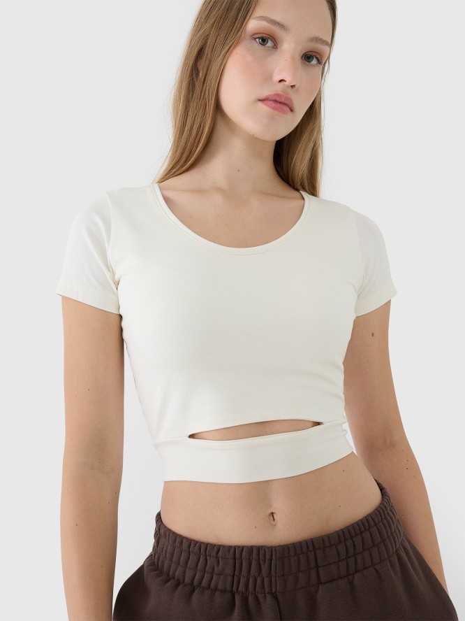 4F T-shirt crop top gładki damski - biały S