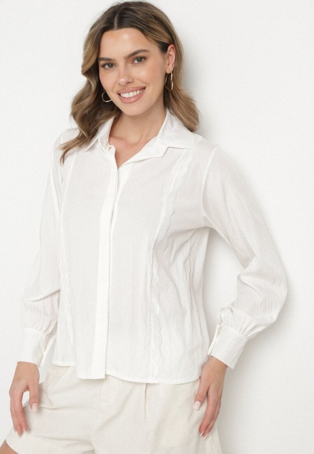Biała Koszula z Wiskozą i Koronkowymi Wstawkami Tenaraia
