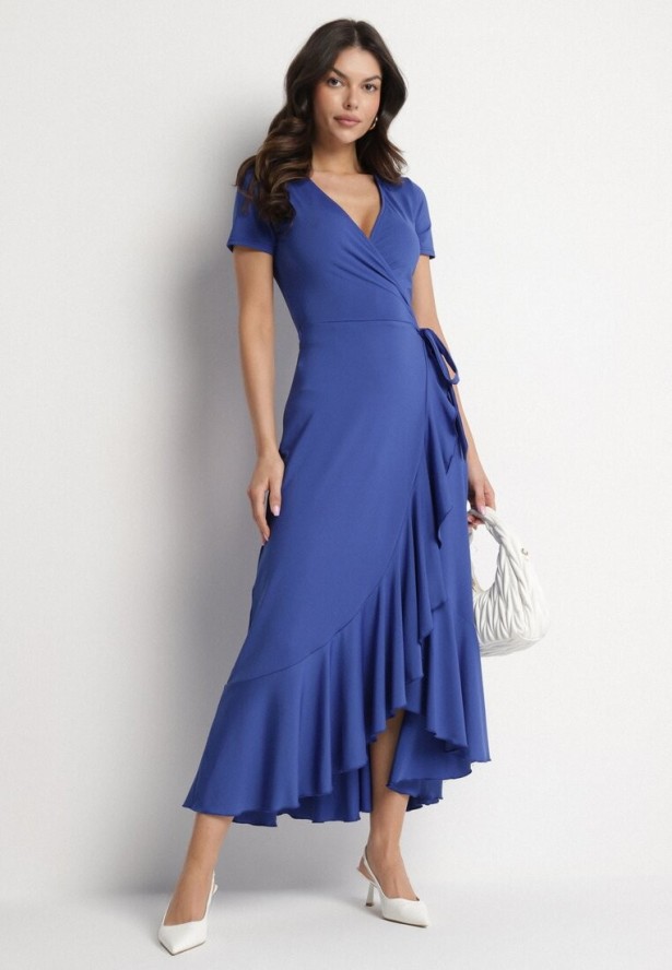 Niebieska Sukienka z Paskiem Kopertowa Ozdobiona Falbanami Wleffia