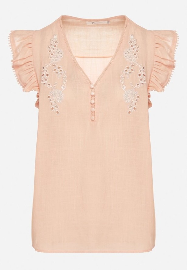Różowa Bawełniana Bluzka Zdobiona Haftem i Falbanką Taloretia