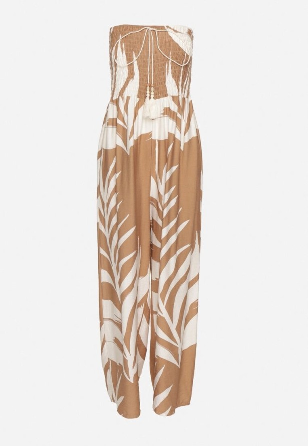 Beżowy Kombinezon z Wiskozą i Lnem Ozdobiony Wzorem LIści Fevisaie