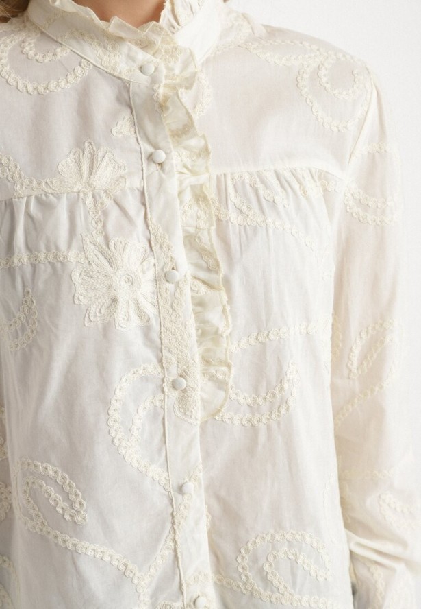 Beżowa Bawełniana Koszula z Falowaną Stójką i Haftem Danilsa