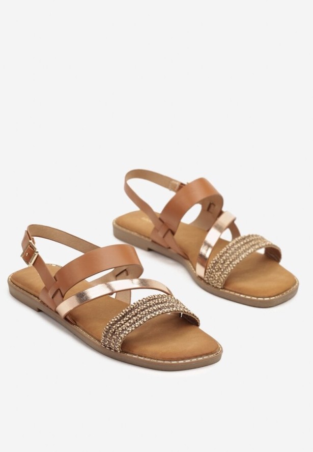 Brązowo-Złote Sandały Zdobione Metalicznym Paseczkiem i Cyrkoniami Nuridira