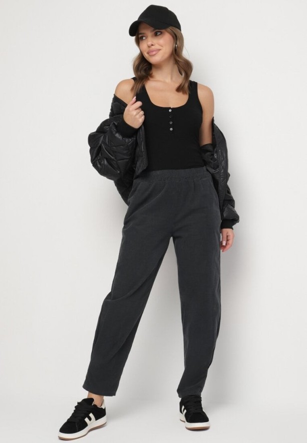 Ciemnoszare Bawełniane Spodnie z Wysokim Stanem Melili