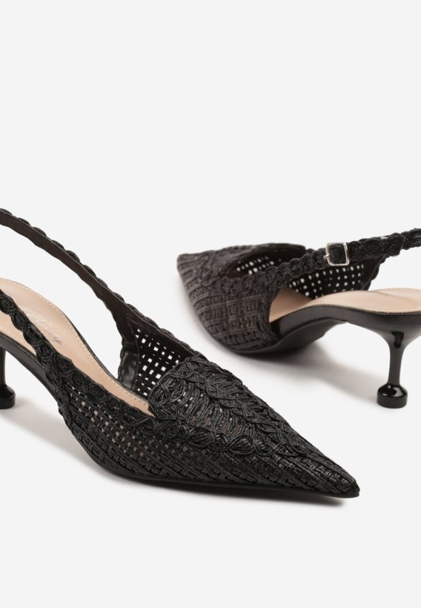 Czarne Sandały na Szpilce z Geometrycznym Zdobieniem Typu Slingback Nevonira