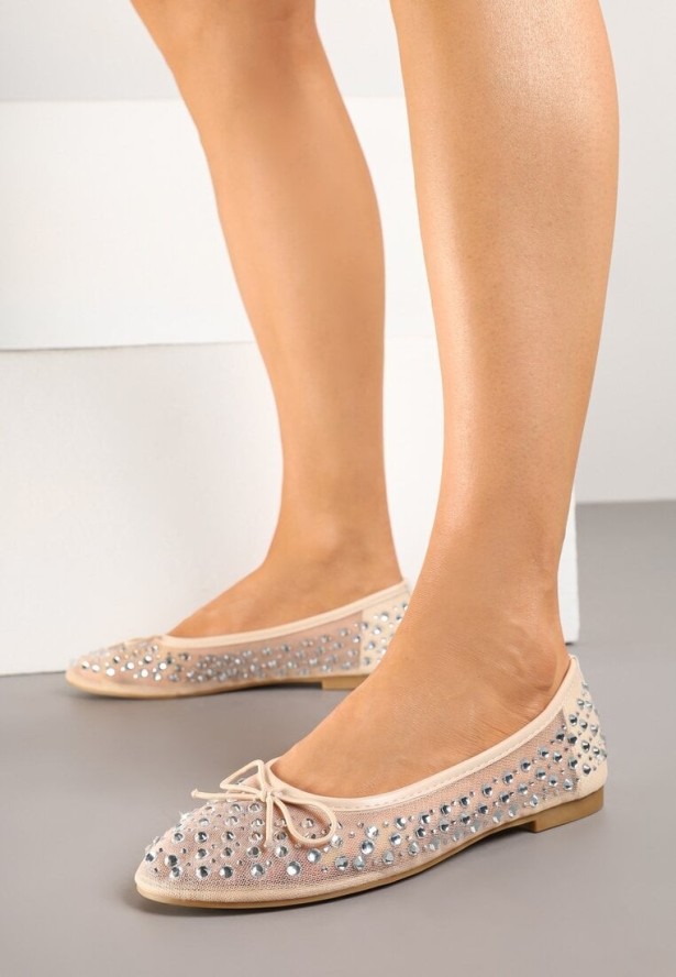 Beżowe Siateczkowe Balerinki Zdobione Cyrkoniami i Kokardką Revia
