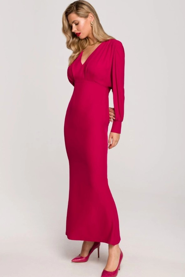 Długa wieczorowa sukienka rybka z bufiastymi rękawami śliwkowa