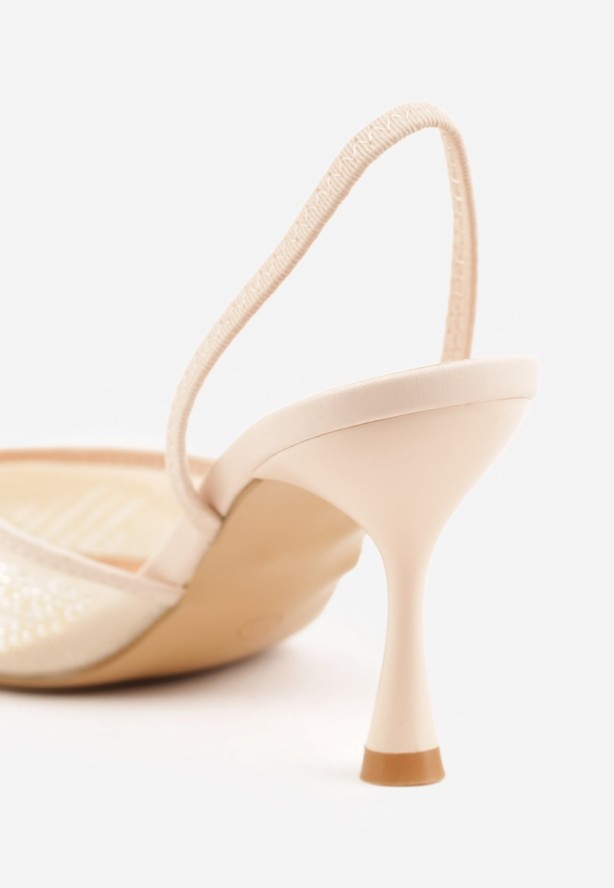 Beżowe Szpilki z Paskiem w Typie Slingback z Cholewką z Siateczki i Koralikami Carilriane