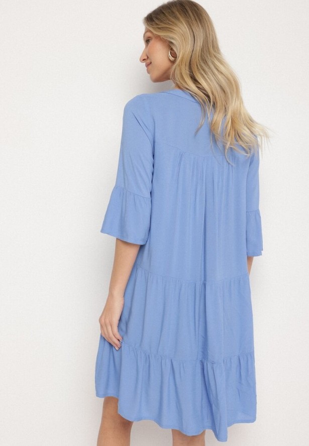 Niebieska Rozkloszowana Sukienka z Wiskozy z Falbanami Izleia