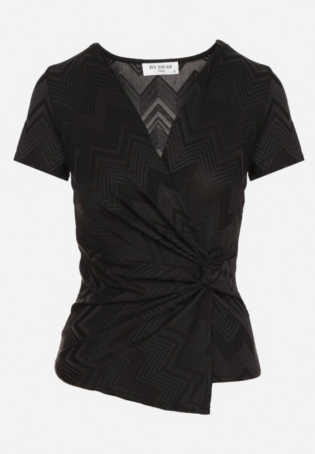 Czarna Kopertowa Bluzka z Wiskozą z Krótkim Rękawem i Marszczeniem w Talii Alliven