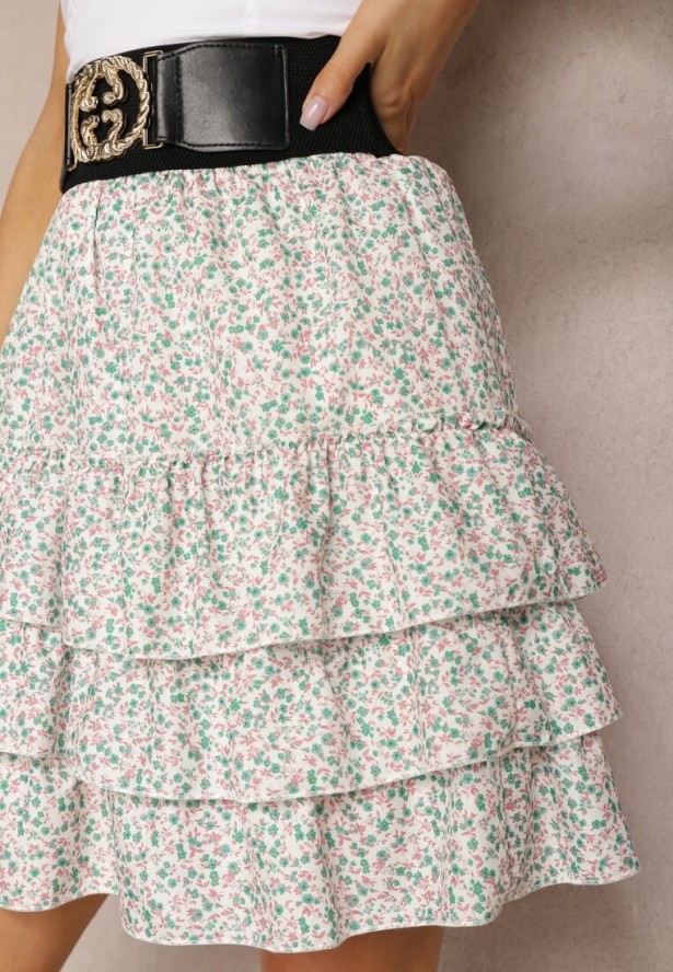 Biało-Niebieska Spódnica Mini z Szerokim Paskiem z Klamrą i Falbankami Branja