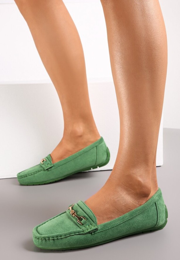 Zielone Mokasyny z Cholewką przed Kostkę z Przeszyciami i Ozdobnym Paskiem Alydora