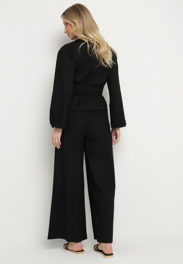 Czarny Komplet z Lnem Kopertowa Bluzka i Spodnie Koririssa