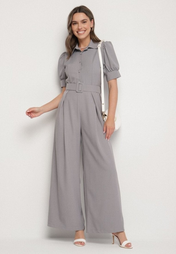 Szary Taliowany Kombinezon z Ozdobną Klamrą Filateia