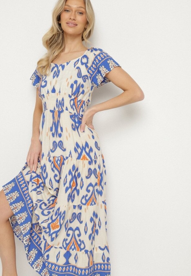 Niebieska Wiskozowa Sukienka z Geometrycznym Wzorem Cleanna