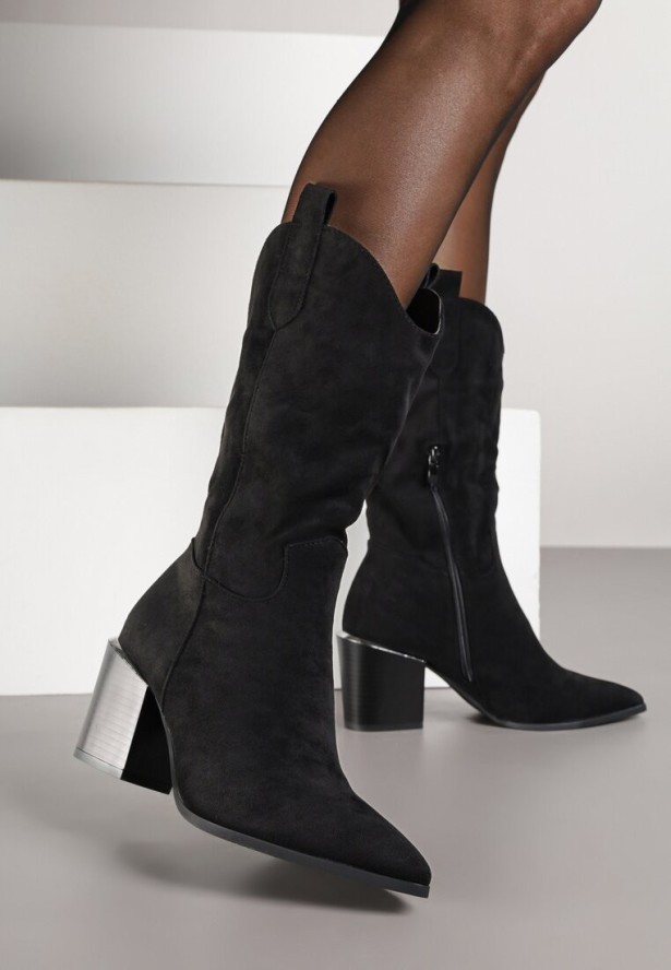 Czarne Botki Kowbojki z Cholewką do Łydki i Obcasie Typu Słupek Cartemes