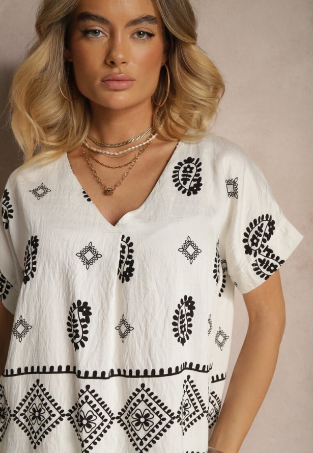 Czarno-Biały Komplet z Bawełny Spodnie o Szerokim Kroju i Koszula ze Wzorem Paisley Pavenn