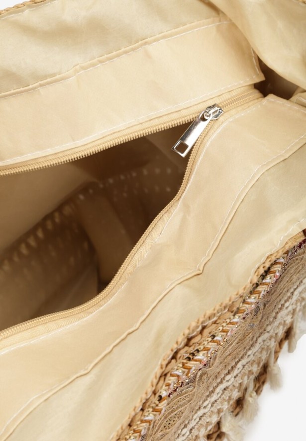 Brązowa Torebka Shopper z Plecionki Wykończona Chwostami Rivantiha