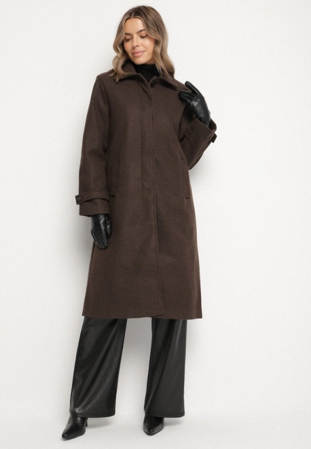 Brązowy Jednorzędowy Płaszcz z Wełną i Wiskozą w Stylu Trencza Lutila