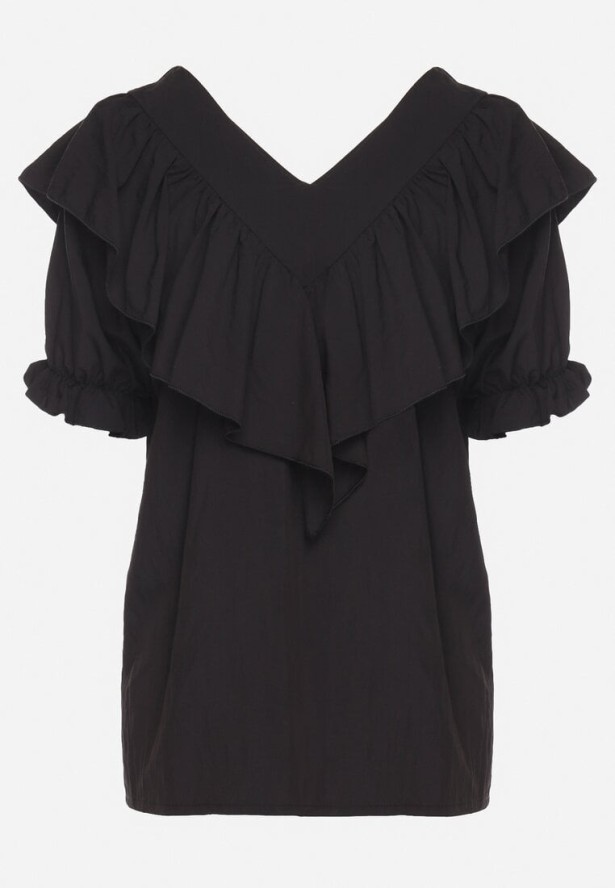 Czarna Bluzka z Wiskozą i Falbankami Fadevia
