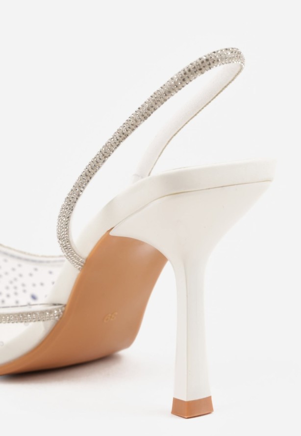 Białe Szpilki Slingback z Transparentną Cholewką i Cyrkoniami Liaceran