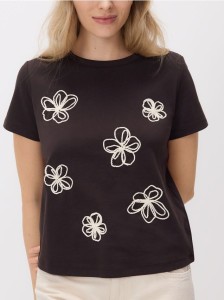T-shirt z kwiatową aplikacją - ciemnobrązowy