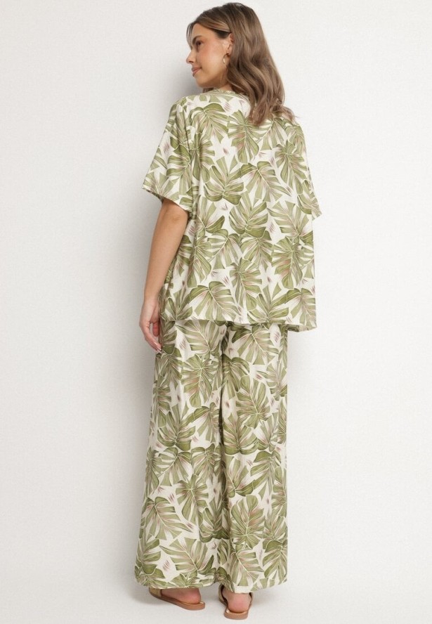 Ciemnozielony Wiskozowy Komplet z Motywem Roślinnym Szerokie Spodnie i T-shirt Evianira