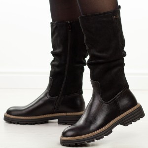 Czarne pu wysokie botki damskie na traperze M.Daszyński Sa259-3