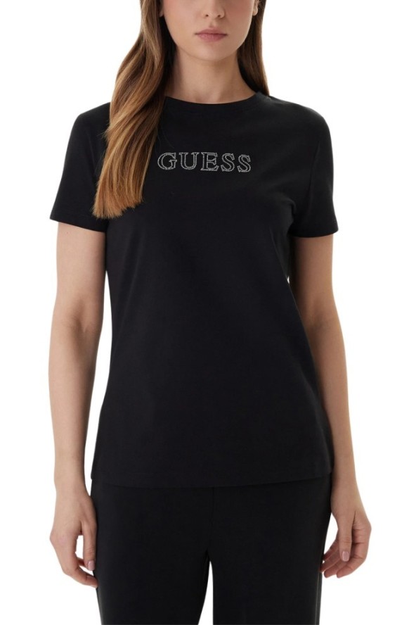 GUESS Czarny damski t-shirt na krótki rękaw z cyrkoniami Briana, Rozmiar L