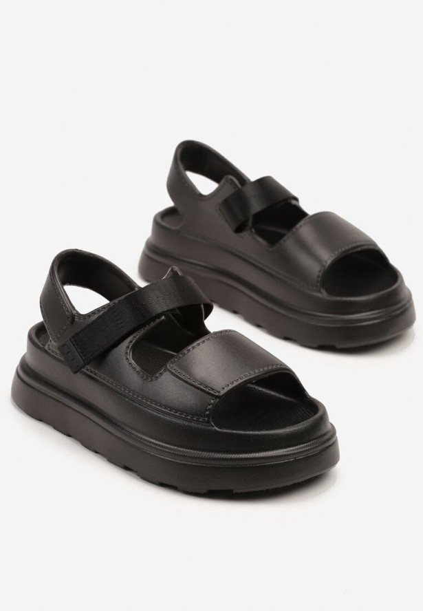 Czarne Piankowe Sandały na Grubej Podeszwie z Zapięciem na Rzep Rosaloria