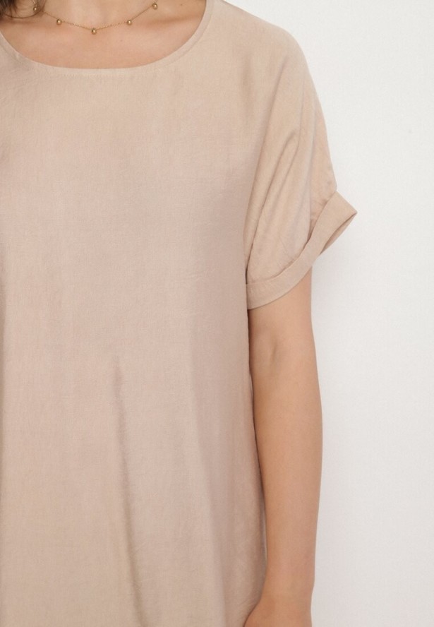 Beżowa Pudełkowa Sukienka z Asymetrycznym Dołem Iffusa