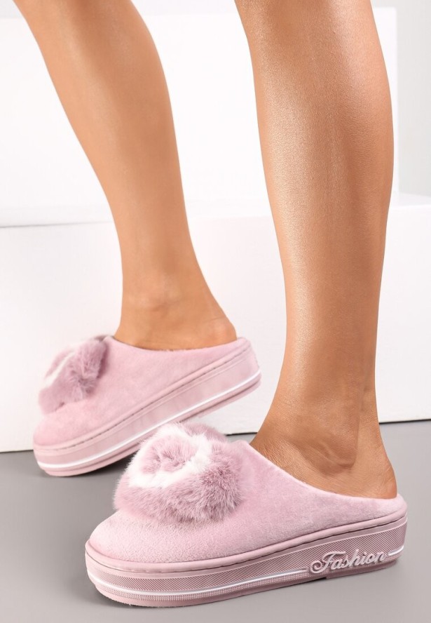 Różowe Kapcie na Grubej Podeszwie z Futrzaną Aplikacją Phoenix