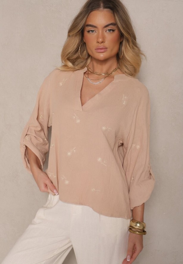 Ciemnobeżowa Bluzka z Bawełny z Dekoltem w Kształcie Litery V i Kwiatowym Haftem Lisorella