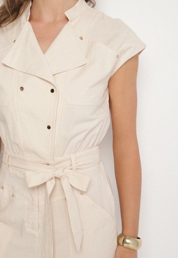 Beżowy Kombinezon z Wiskozą o Koszulowym Kroju z Wiązanym Paskiem i Napami Sepalisa