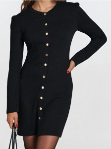 Dzianinowa sukienka mini w prążek z ozdobnymi guzikami - czarny