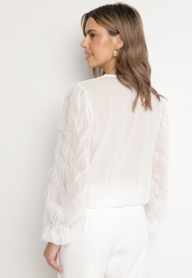 Biała Bluzka z Kopertowym Dekoltem i Metaliczną Nicią Friliene