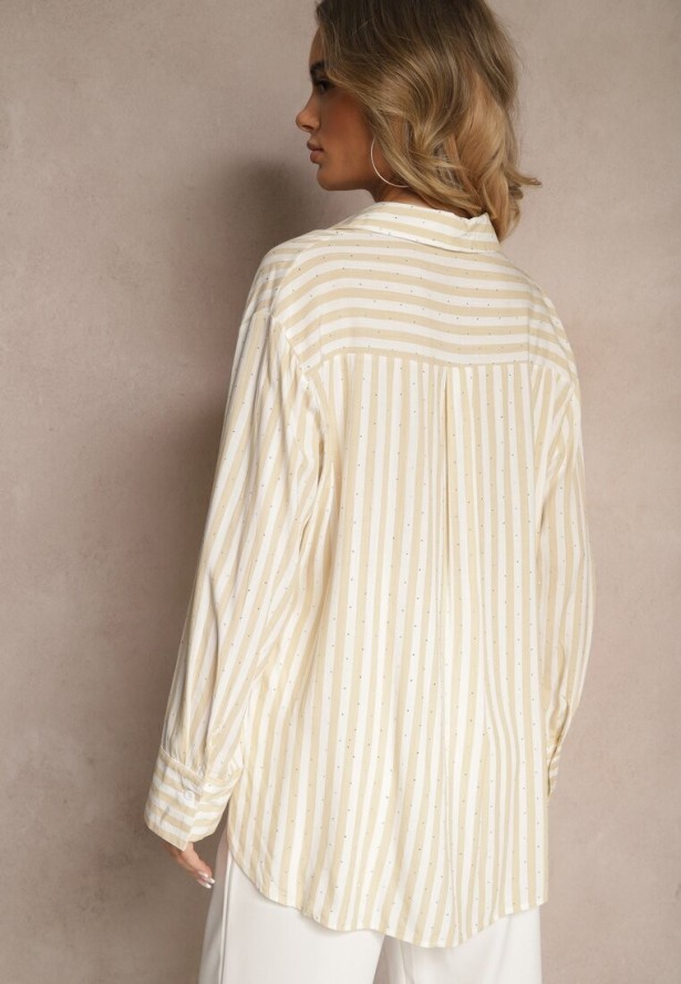 Jasnobeżowa Koszula z Bawełny w Pionowe Prążki z Cyrkoniami Jarilea