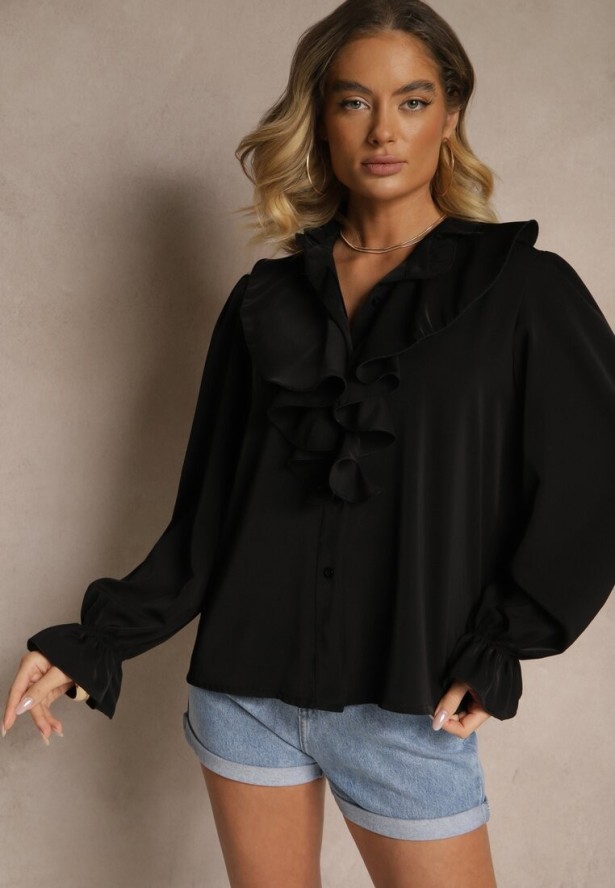 Czarna Koszula z Ozdobnymi Falbankami Jeneviella