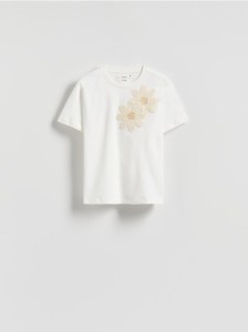 T-shirt z szydełkowaną aplikacją - złamana biel
