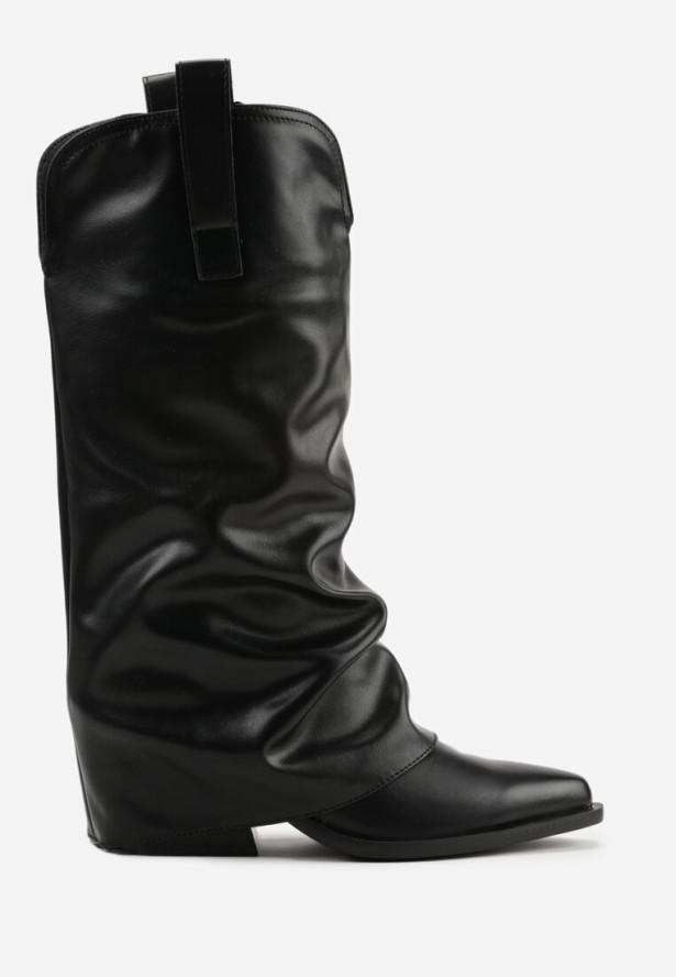 Czarne Kozaki Kowbojki na Stożku z Wywiniętą Marszczoną Cholewką Escana