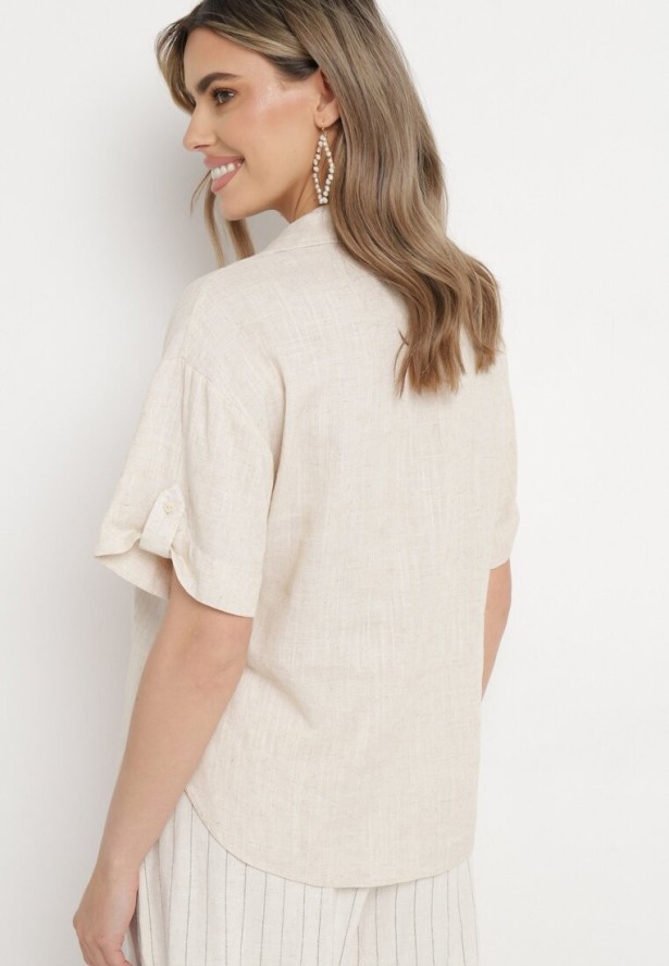 Jasnobeżowa Koszula Bawełniana z Lnem Zapinana na Guziki Surveni