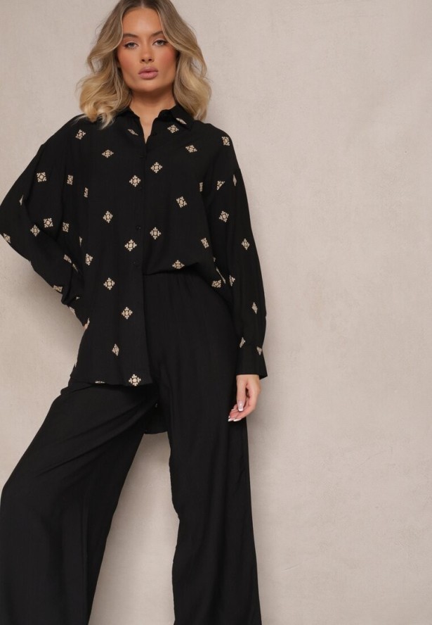 Czarny Komplet z Wiskozy Koszula Zdobiona Haftem i Szerokie Spodnie Hanarella