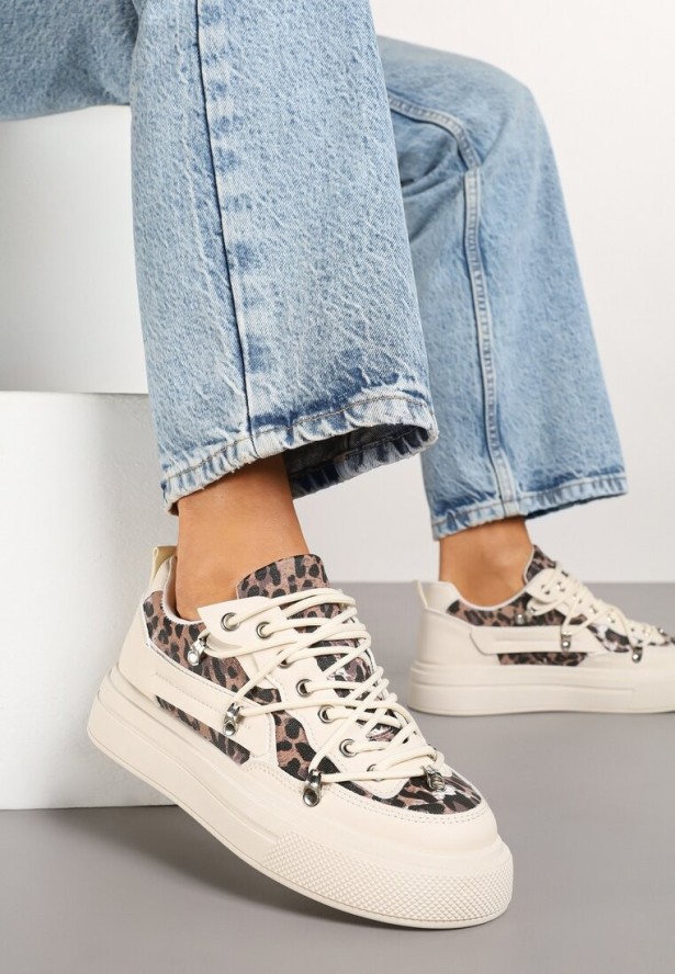 Beżowe Sneakersy ze Wzorem w Panterkę Doridi