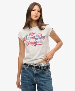 superdry T-shirt Floral Scripted Cap Slv damski – Flake Grey Marl