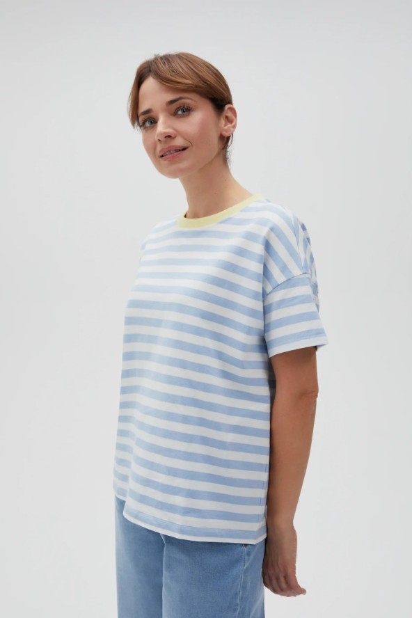 Bawełniana bluza w paski z krótkimi rękawami błękitna